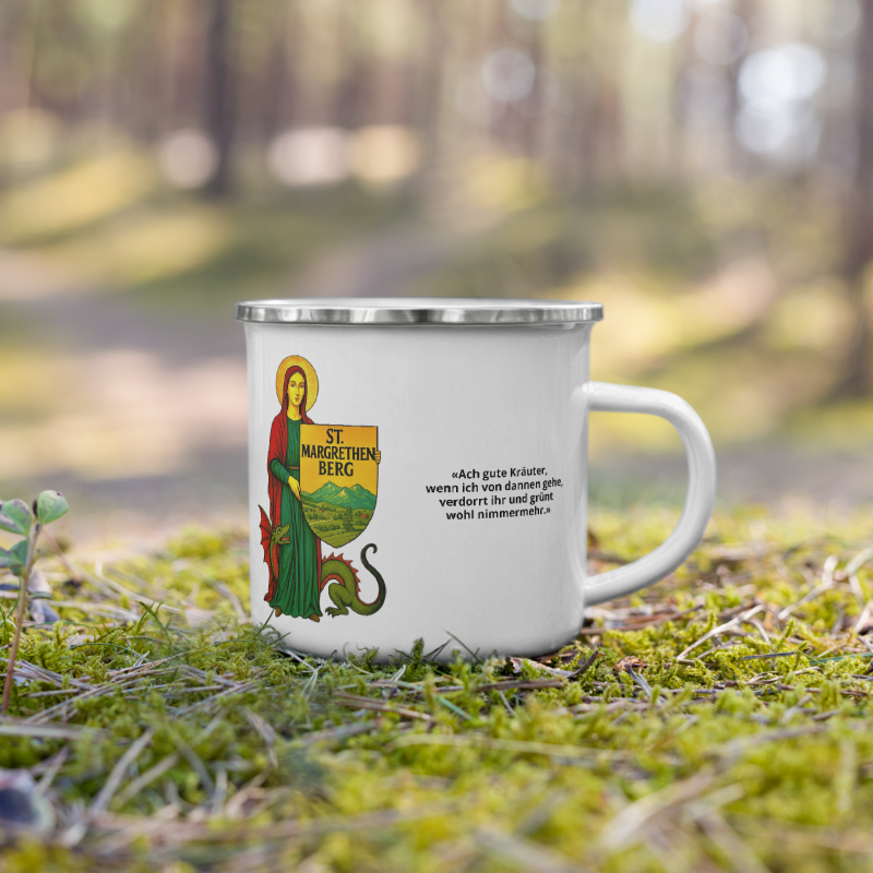Tasse aus Emaille, "Canzun de Sontga Margriata"